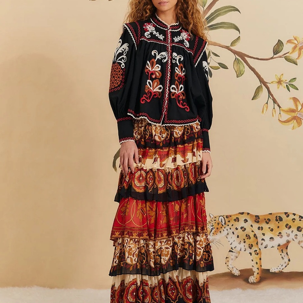 FARM Rio cream ainika tiles layered maxi skirt/ Vibrant Red and Black Maxi Skirt
